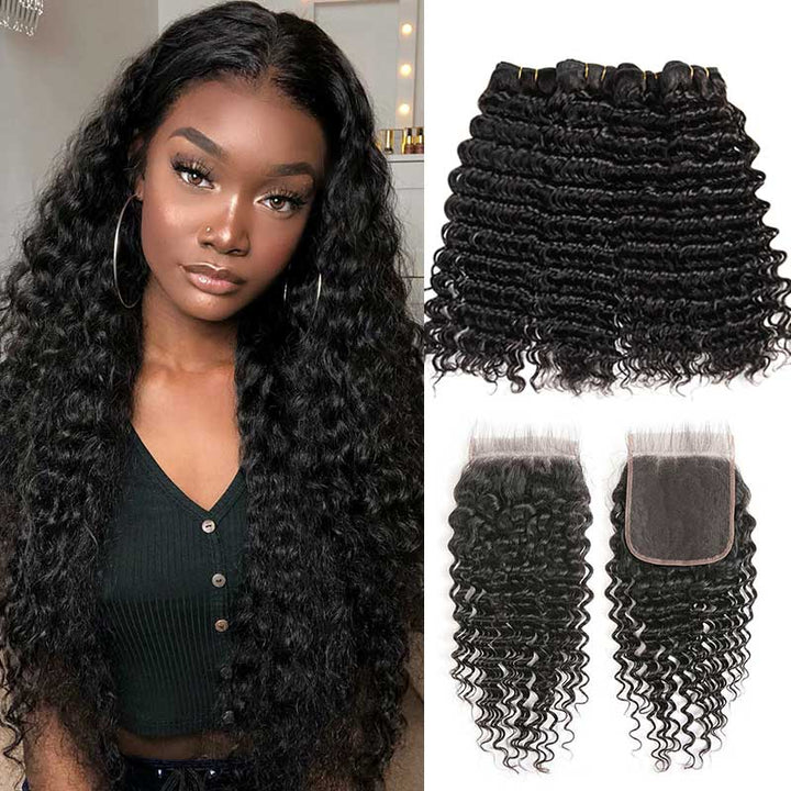 Ali Grace Deep Wave Hair Weave 4 Pcs With 4x4 Lace Closure 
