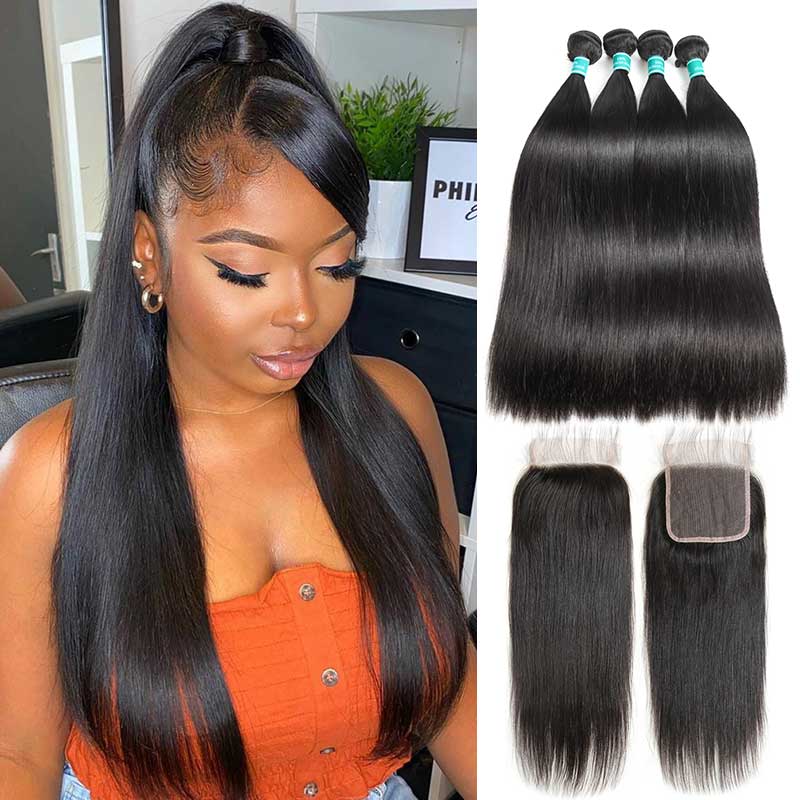 Ali Grace Straight Hair Bundles 4 Pcs with 4x4 Lace Closure 