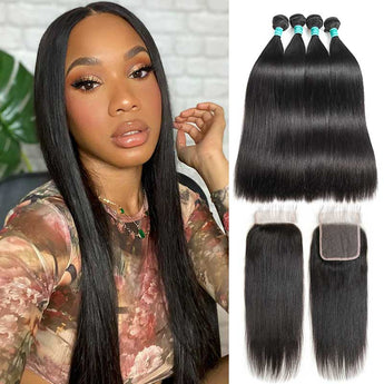 Ali Grace Brazilian Straight Hair Bundles 4 Pcs With 4x4 Lace Closure 