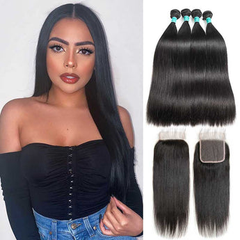 Ali Grace Straight Human Hair Bundles 4 Pcs With 4x4 Lace Closure 