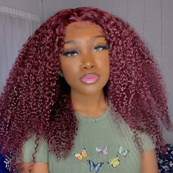 Aligrace 13x4 Lace Curly Wigs 99J Burgundy Color