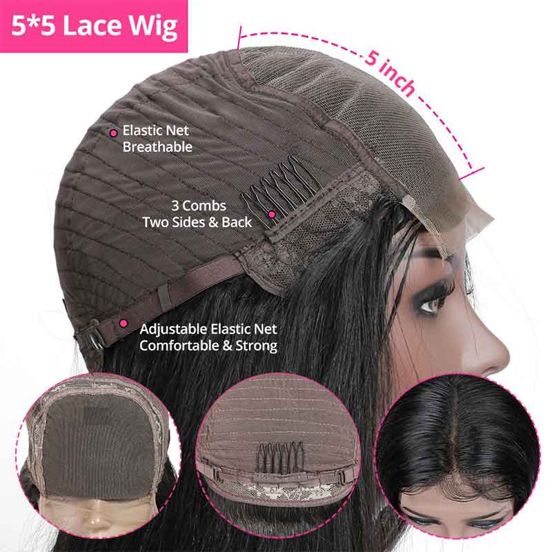 Aligrace 5x5 HD Closure Lace Straight Glueless Wigs