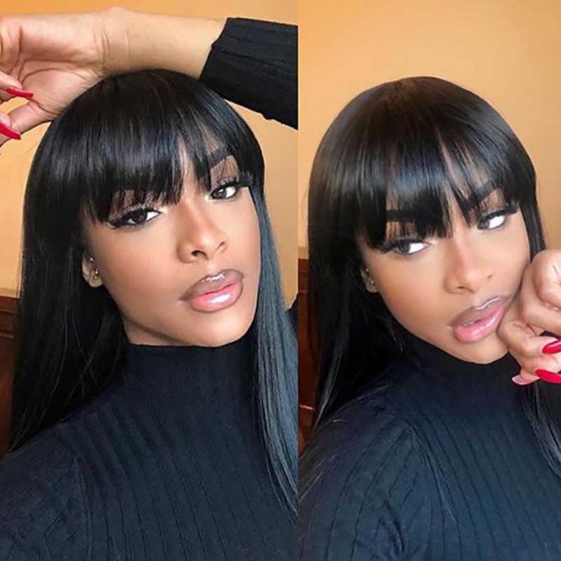 Aligrace Full Machine Made Straight Wigs with Bangs Black Color 