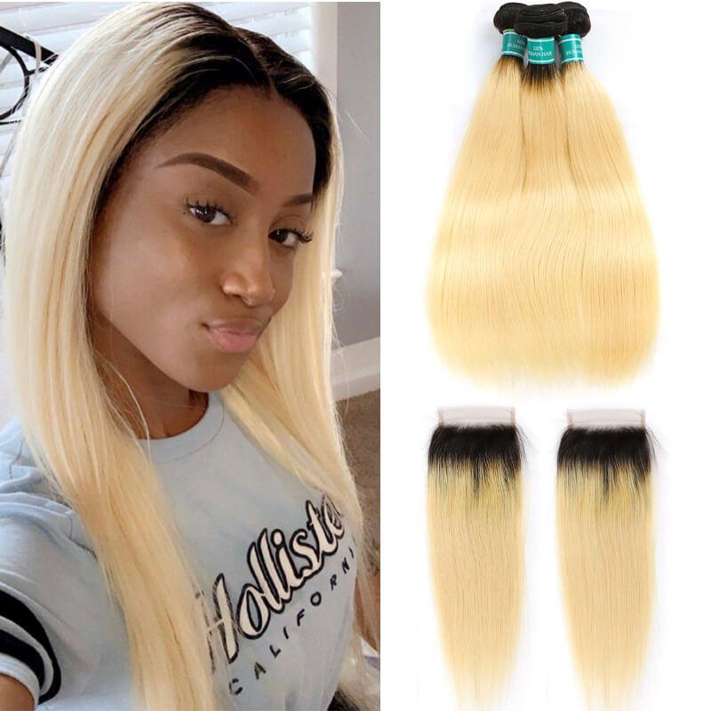 Ali Grace Straight Hair Bundles 3 Pcs With 4x4 Lace Closure Ombre T1B/613 Color
