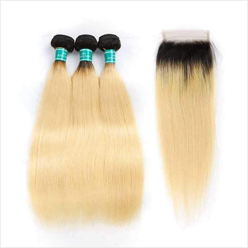 Ali Grace Straight Hair Bundles 3 Pcs With 4x4 Lace Closure Ombre T1B/613 Color