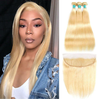 Ali Grace Straight Hair Bundles 3 Pcs With 13x4 Lace Frontal Blonde Color