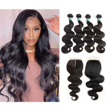 Ali Grace Body Wave Human Hair Bundles 4 Pcs With 4x4 Lace Closure 