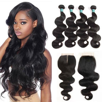 Ali Grace Peruvian Body Wave Hair Bundles 4 Pcs With 4x4 Lace Closure