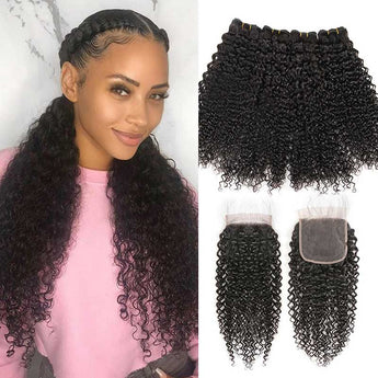 Ali Grace Brazilian Kinky Curly Hair Bundles 4 Pcs With 4x4 Lace Closure