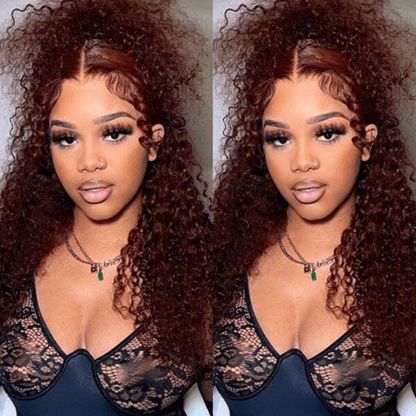 Aligrace 13*4 Lace Jerry Curly Wig Reddish Brown Dark Auburn Color 