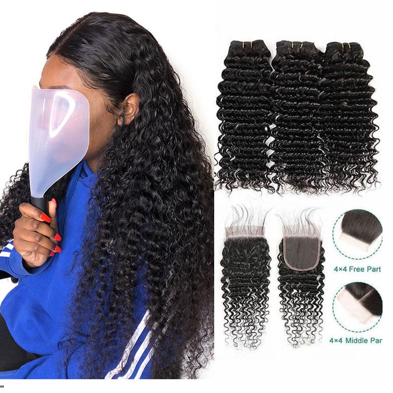 Ali Grace Deep Wave Human Hair Bundles 3 Pcs With 4x4 Lace Closure 