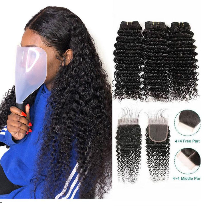 Ali Grace Deep Wave Human Hair Bundles 3 Pcs With 4x4 Lace Closure 