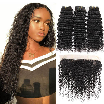 Ali Grace Deep Wave Hair Bundles 3 Pcs With 13x4 Lace Frontal