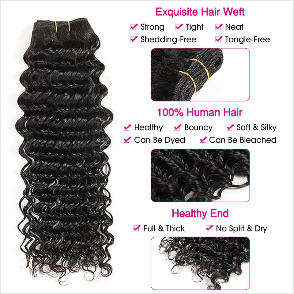 Ali Grace Deep Wave Human Hair Bundles 3 Pcs With 4x4 Lace Closure 