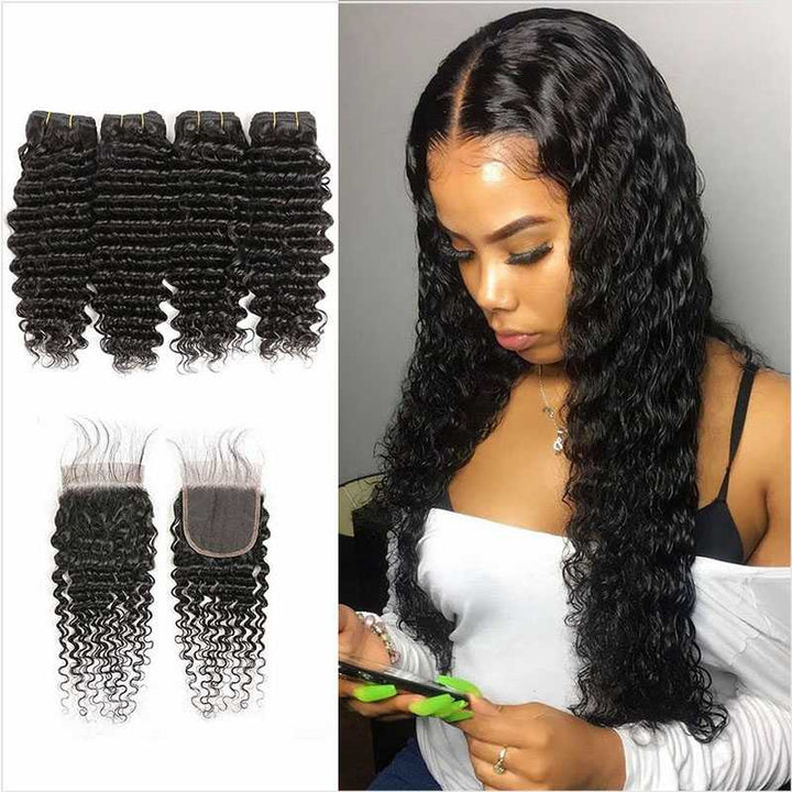 Ali Grace Deep Wave Hair Weave 4 Pcs With 4x4 Lace Closure 