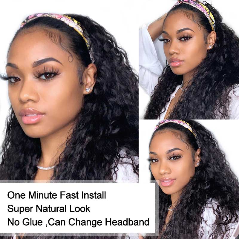 Aligrace Headband Deep Wave Human Hair Wigs 
