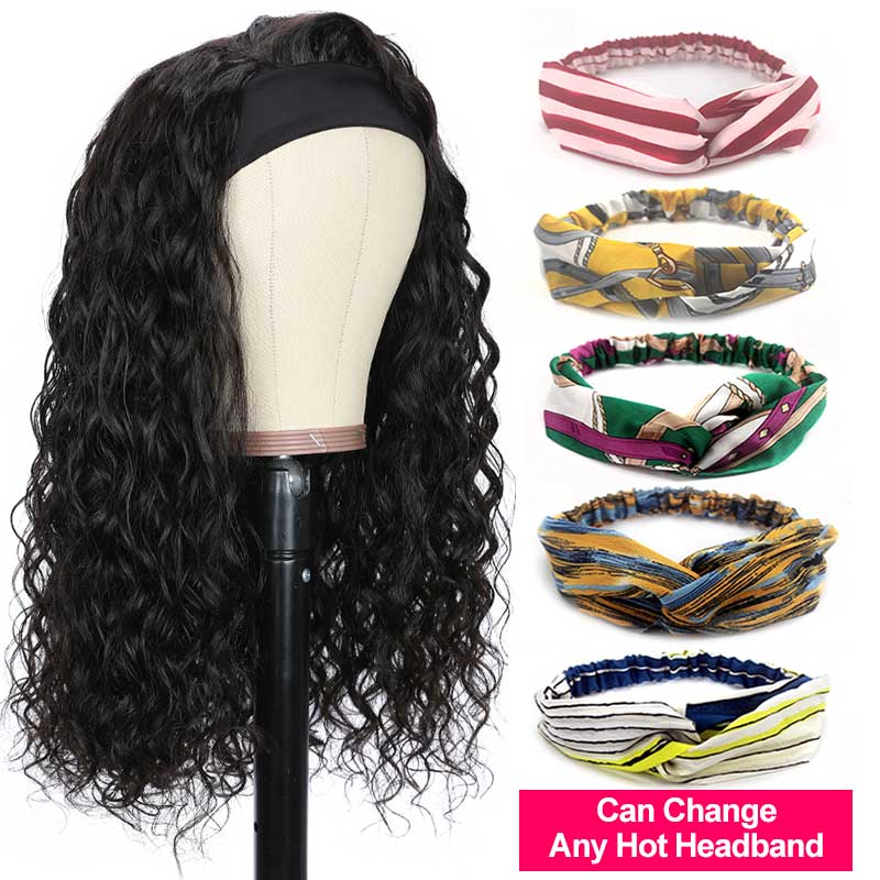 Aligrace Headband Deep Wave Human Hair Wigs 