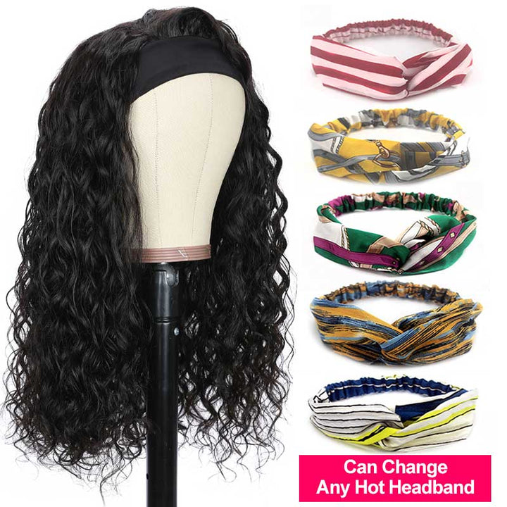 Aligrace Headband Deep Wave Human Hair Wigs 