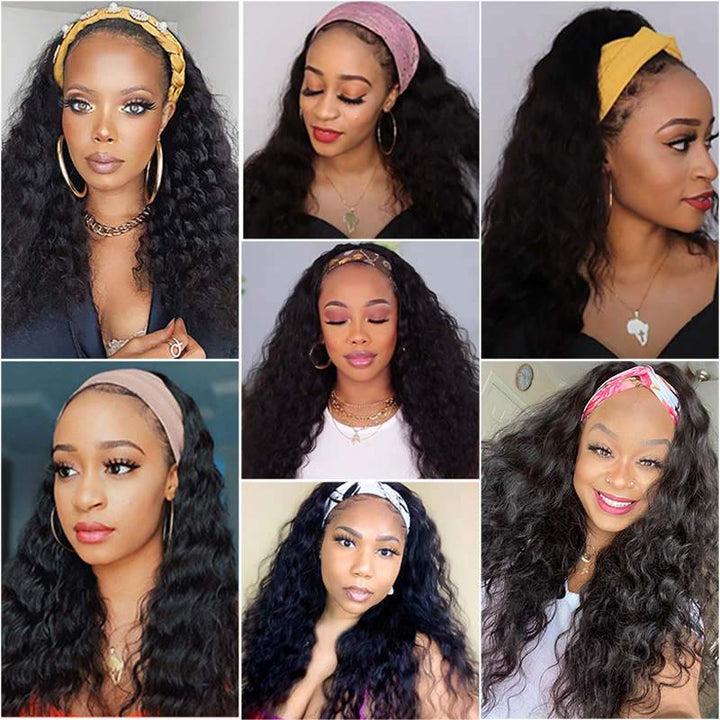 Aligrace Headband Deep Wave Human Hair Wigs 