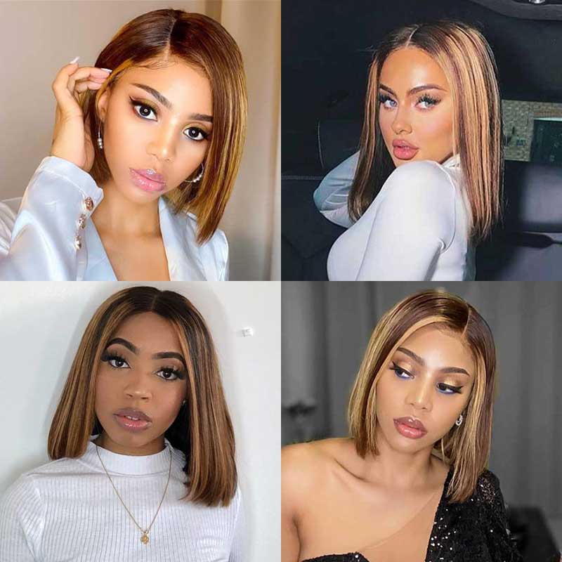 Aligrace 4x4 Closure Lace Straight Human Hair Bob Wigs Highlight Brown Color