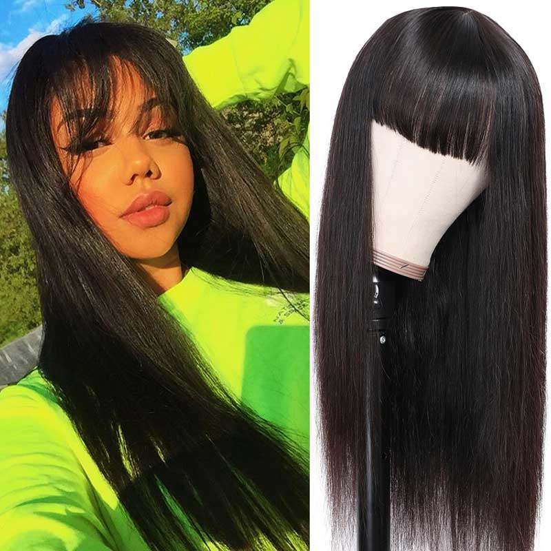 Aligrace Full Machine Made Straight Wigs with Bangs Black Color 