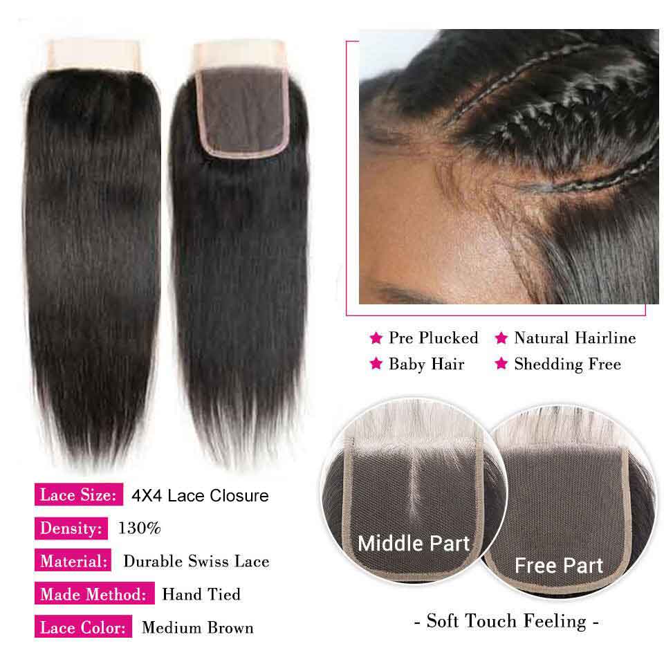 Ali Grace Straight Human Hair 3 Bundles With 4x4 Lace Closure