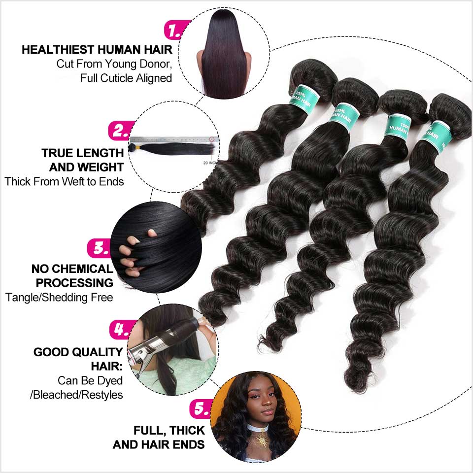 Ali Grace Loose Wave Hair Bundles 4 Pcs With 4x4 Lace Closure