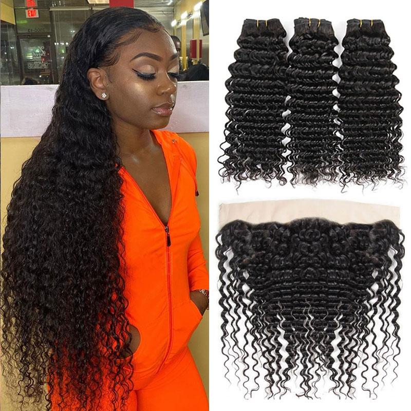 Ali Grace Deep Wave Hair Bundles 3 Pcs With 13x4 Lace Frontal 