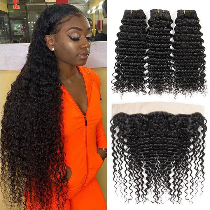 Ali Grace Deep Wave Hair Bundles 3 Pcs With 13x4 Lace Frontal 