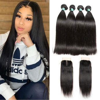 Ali Grace Straight Hair Bundles 4 Pcs with 4x4 Lace Closure 