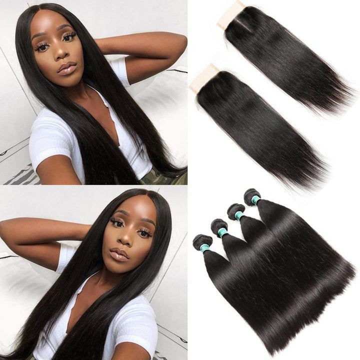 Ali Grace Brazilian Straight Hair Bundles 4 Pcs With 4x4 Lace Closure 