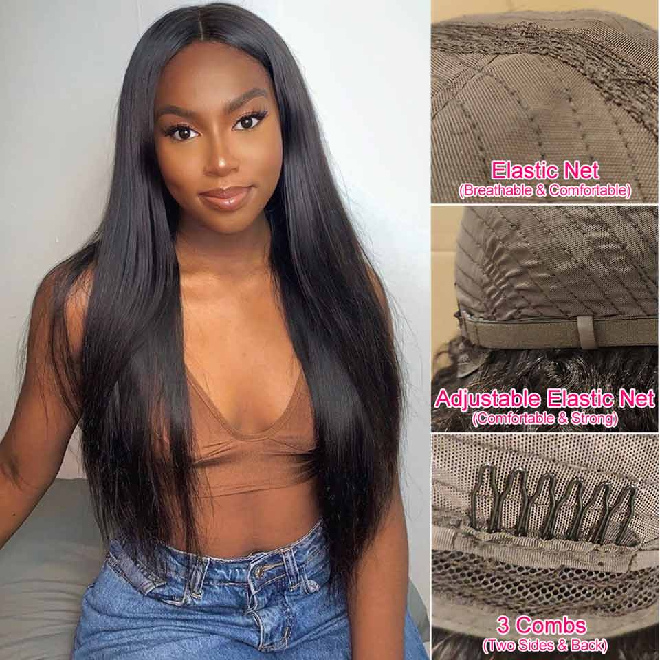 Aligrace U Part Lace Straight Glueless Wigs Natural Black