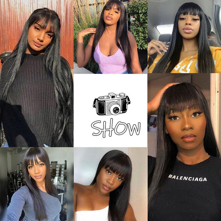 Aligrace Full Machine Made Straight Wigs with Bangs Black Color 