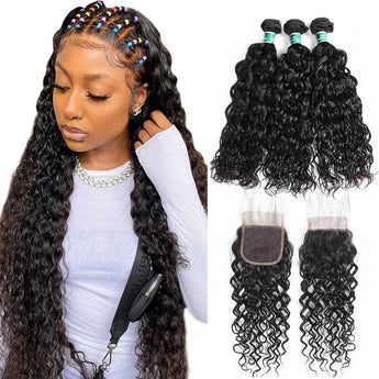 Ali Grace Water Wave Human Hair Bundles 3 Pcs With 4x4 Lace Closure