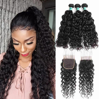 Ali Grace Water Wave Hair Weave 3 Pcs With 4x4 Lace Closure 